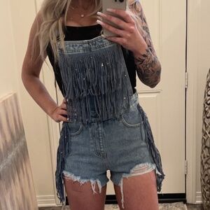 Blue B Blue Fringe Studded Denim Overalls Size Medium